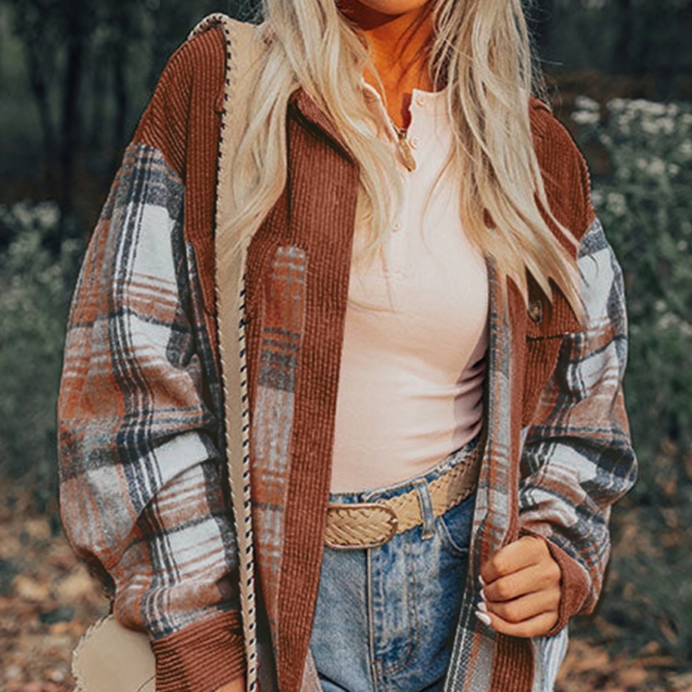 B184 Cinnamon Plaid Corduroy Check Pocket Shacket